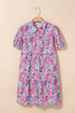 Pink Floral Collared Half Placket Short Sleeve Loose Dress